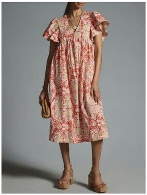 Maeve Anthropologie Printed Flutter Sleeve Orange Babydoll Midi Dress Size Small